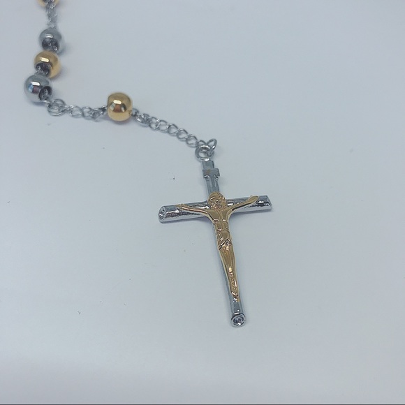 Two Toned Stainless Steel Rosary Necklace - Picture 8 of 8